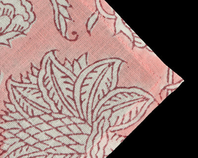 Salmon Pink and White Indian Floral Hand Block Printed 100% Pure Cotton Cloth Napkins, 18x18"- Cocktail Napkin, 20x20"- Dinner Napkins