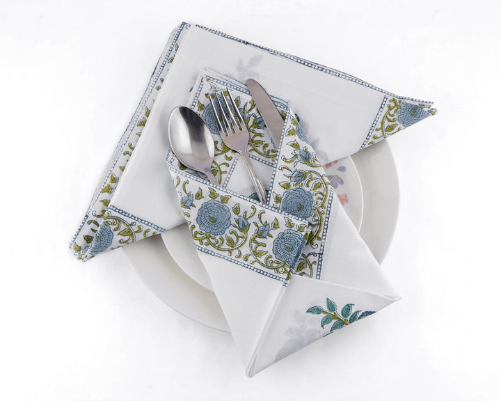 Blue Printed Size-20x20" Floral Hand Block 100% Pure Cotton Cotton Border Napkins