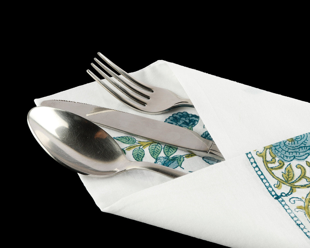 Blue Printed Size-20x20" Floral Hand Block 100% Pure Cotton Cotton Border Napkins