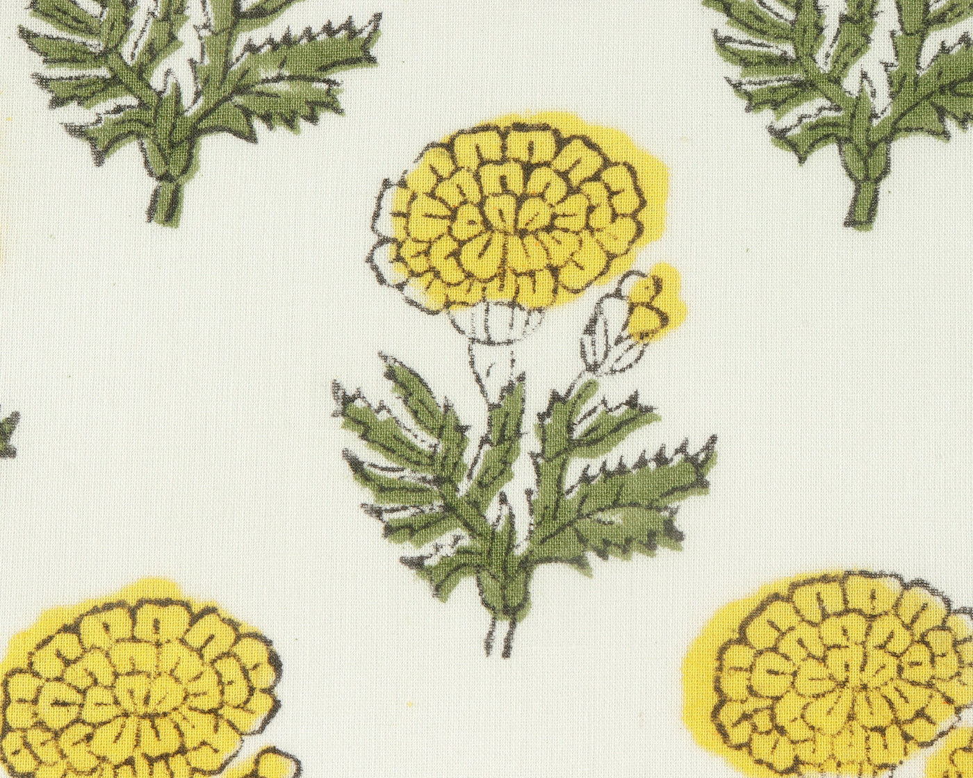 Fabricrush Bumblebee Yellow, Fern Green Marigold Indian Flower Hand Block Printed Cloth Tasselled Napkins