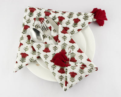Fabricrush Apple and Cherry Red, Olive Green Indian Floral Block Printed Cotton Cloth Napkins Wedding Event Home Party, 18X18"- Cocktail 20X20"- Dinner