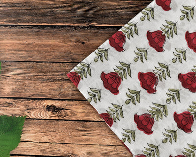Apple and Cherry Red, Olive Green Indian Floral Hand Block Printed Pure Cotton Cloth Napkins, 18x18"- Cocktail Napkin, 20x20"- Dinner Napkin