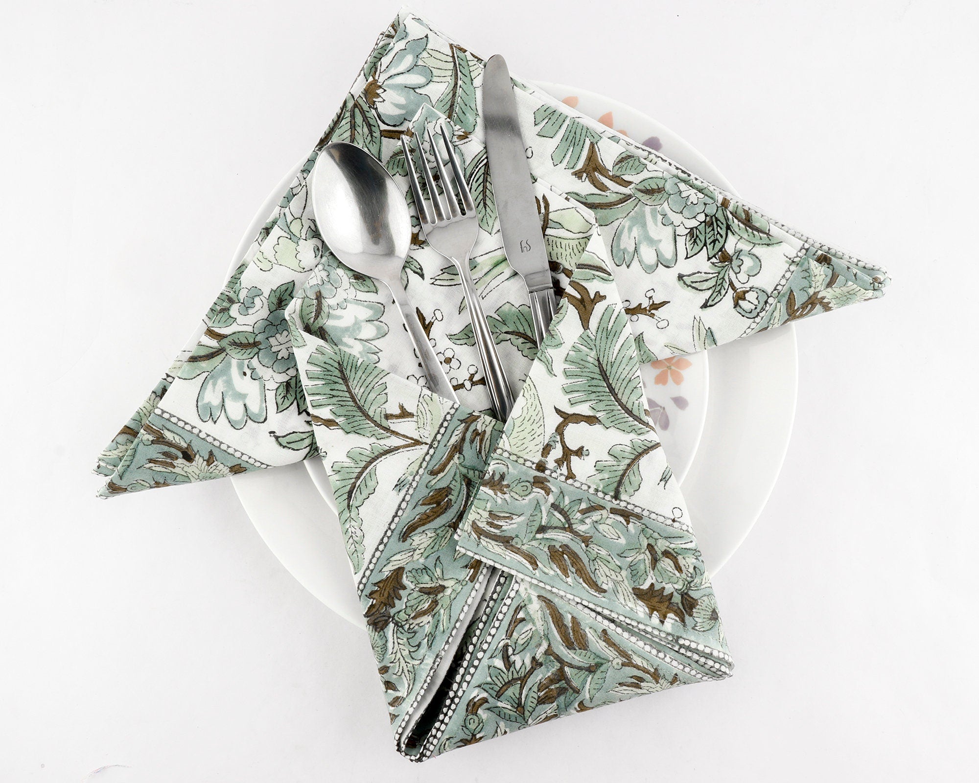 Sage and Olive Green Parrot and Leaves Hand Block Printed Border Size 20x20