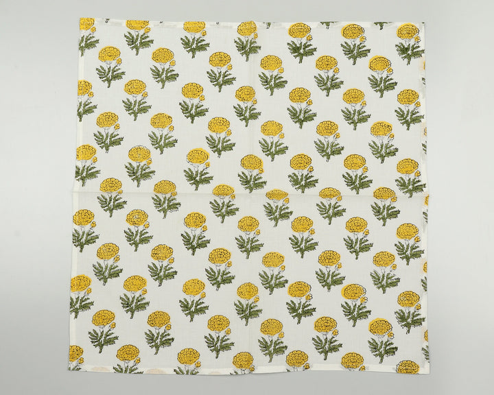 Fabricrush Bumblebee Yellow, Green Marigold Flower Indian Hand Block Print 100% Pure Cotton Cloth Napkins, 18x18"Cocktail Napkin, 20x20" Dinner Napkins