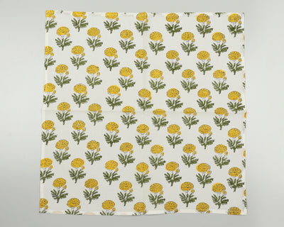 Bumblebee Yellow, Green Marigold Flower Indian Hand Block Print 100% Pure Cotton Cloth Napkins, 18x18"Cocktail Napkin, 20x20" Dinner Napkins