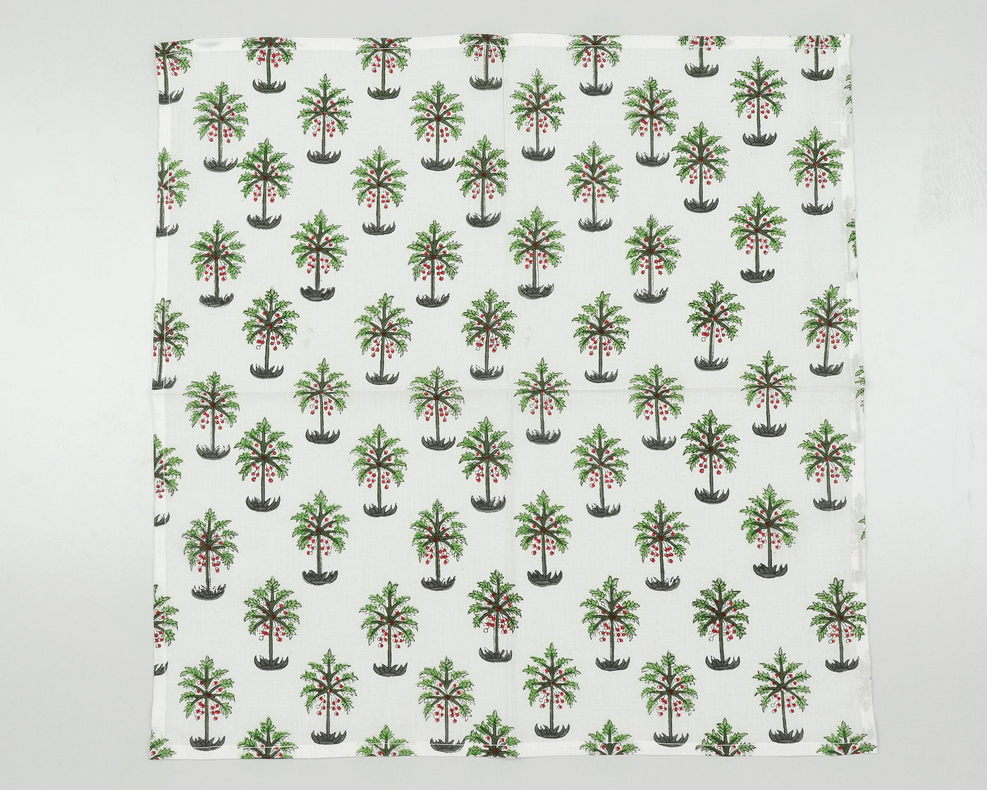 Dark Green, Grass Green, Burgundy Red Indian Hand Block Palm Tree Print Cotton Cloth Napkins, 18x18"- Cocktail Napkins, 20x20"- Dinner Napkins