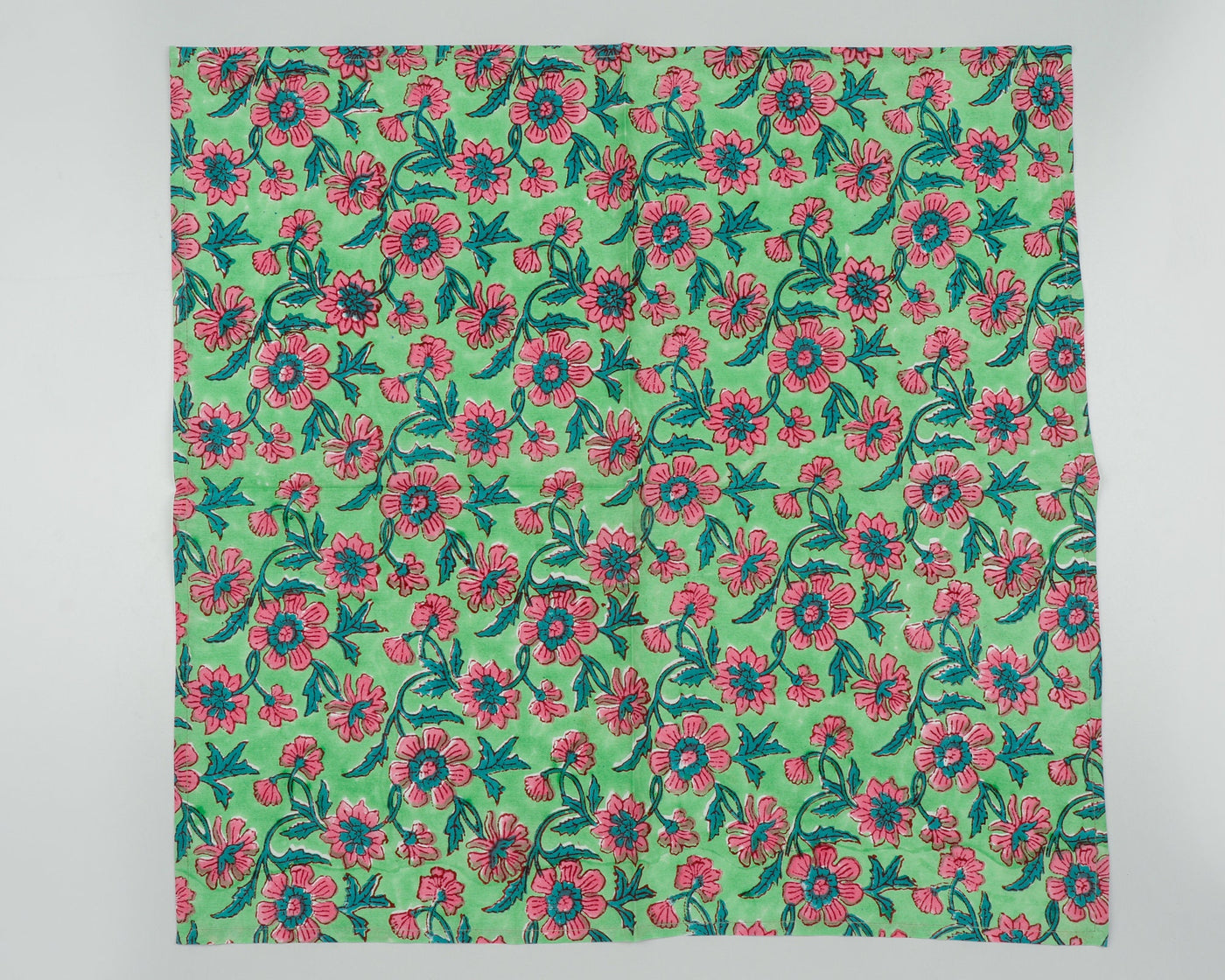 Mint and Pine Green, Salmon Pink Indian Floral Hand Block Printed Pure Cotton Cloth Napkins, 18x18"- Cocktail Napkins, 20x20"- Dinner Napkins