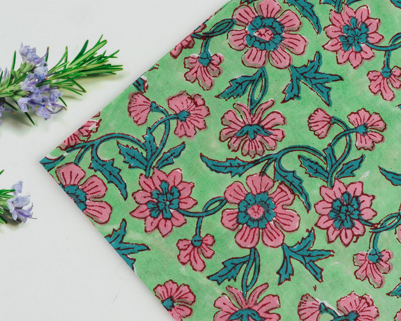 Fabricrush Mint and Pine Green, Salmon Pink Indian Floral Hand Block Printed Pure Cotton Cloth Napkins, 18x18"- Cocktail Napkins, 20x20"- Dinner Napkins