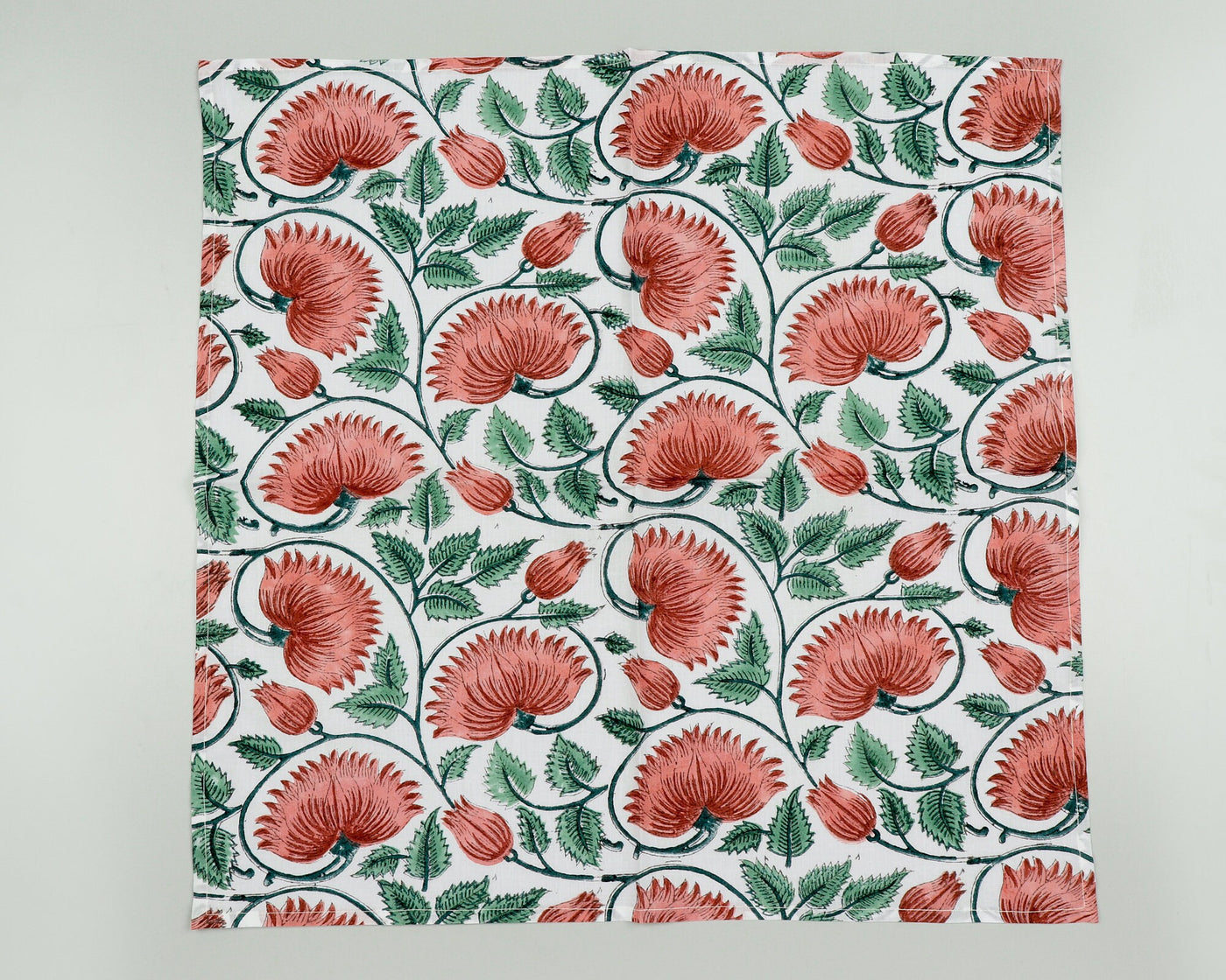 Light Coral and Light Russian Green Indian Floral Hand Block Printed Cotton Cloth Napkins, 18x18"- Cocktail Napkins, 20x20"- Dinner Napkins