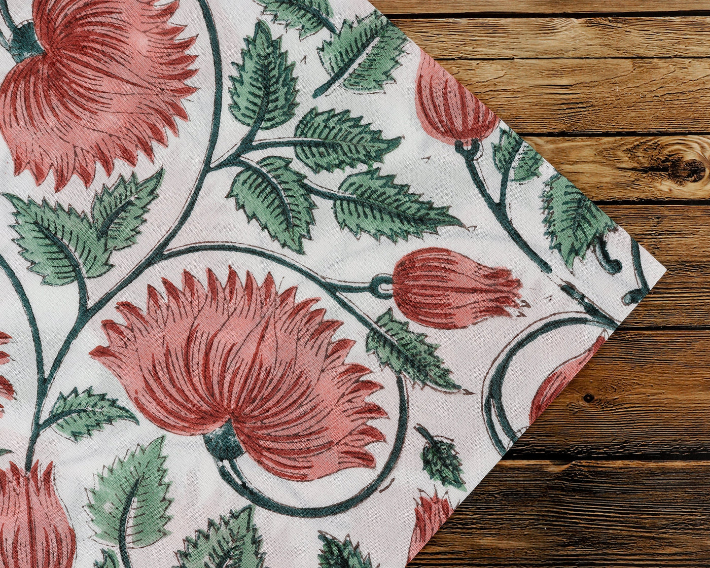 Fabricrush Light Coral and Light Russian Green Indian Floral Hand Block Printed Cotton Cloth Napkins, 18x18"- Cocktail Napkins, 20x20"- Dinner Napkins