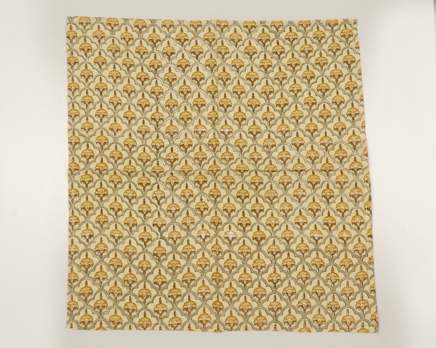 Pale Goldenrod Yellow, Iguana Green Indian Hand Block Floral Printed Pure Cotton Cloth Napkins, 18x18"Cocktail Napkins, 20x20" Dinner Napkins