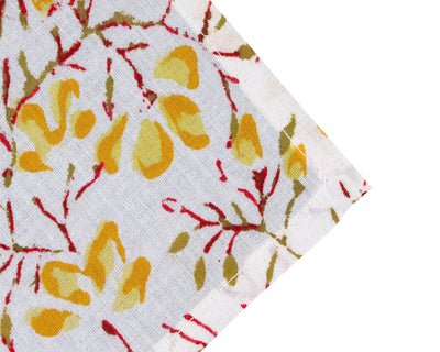 Fabricrush Bumble Bee, Honey Yellow, Pickle Green Floral Indian Hand Block Printed Cotton Cloth Napkins, 18x18"- Cocktail Napkins, 20x20"- Dinner Napkins