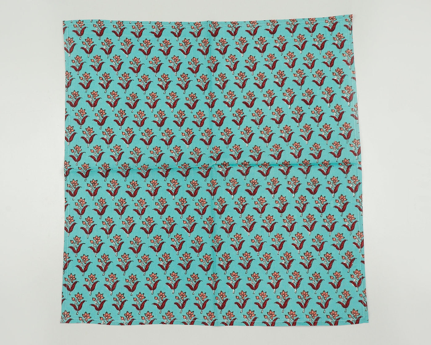 Teal Blue, Mahogany, Salmon Pink Indian Floral Printed Cotton Cloth Napkins, Valentines Gift, 18x18"- Cocktail Napkins, 20x20"- Dinner Napkins