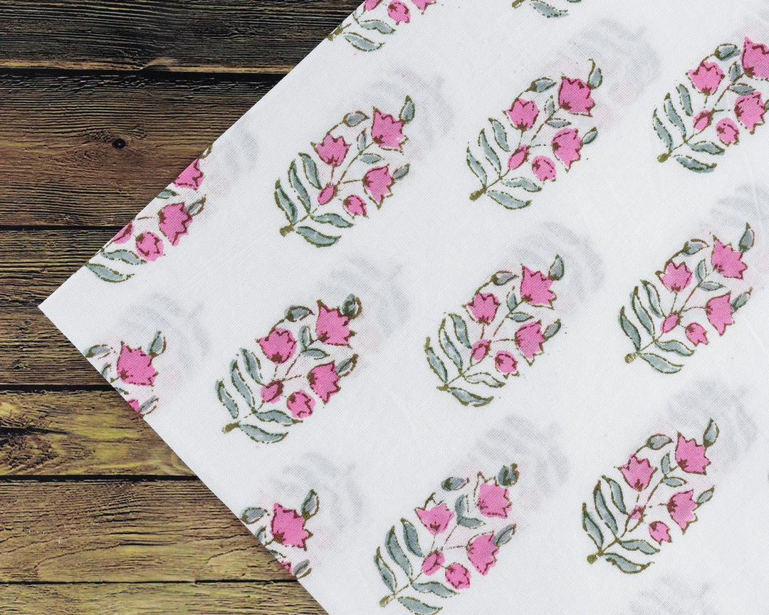 Punch Pink, Uniform Green Indian Floral Hand Block Printed Pure Cotton Cloth Napkins