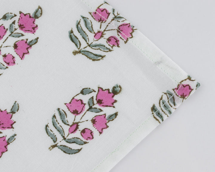 Punch Pink, Uniform Green Indian Floral Hand Block Printed Pure Cotton Cloth Napkins