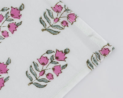Punch Pink, Uniform Green Indian Hand Block Floral Printed 100% Pure Soft Cotton Cloth Napkins, 18x18"Cocktail Napkin, 20x20" Dinner Napkins
