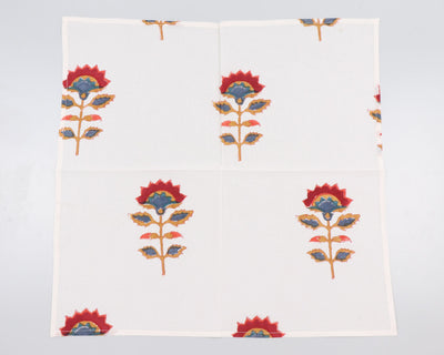 Sangria Red, Yale Blue, Dijon Yellow Indian Floral Hand Block Printed Pure Cotton Cloth Napkins, 18x18"Cocktail Napkin, 20x20" Dinner Napkins