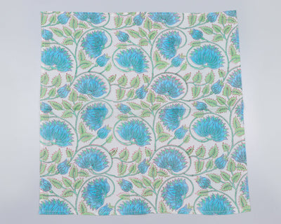 Cornflower Blue, Russian Green Indian Floral Hand Block Printed Pure Cotton Cloth Napkins, 18x18"-Cocktail Napkins, 20x20"- Dinner Napkins