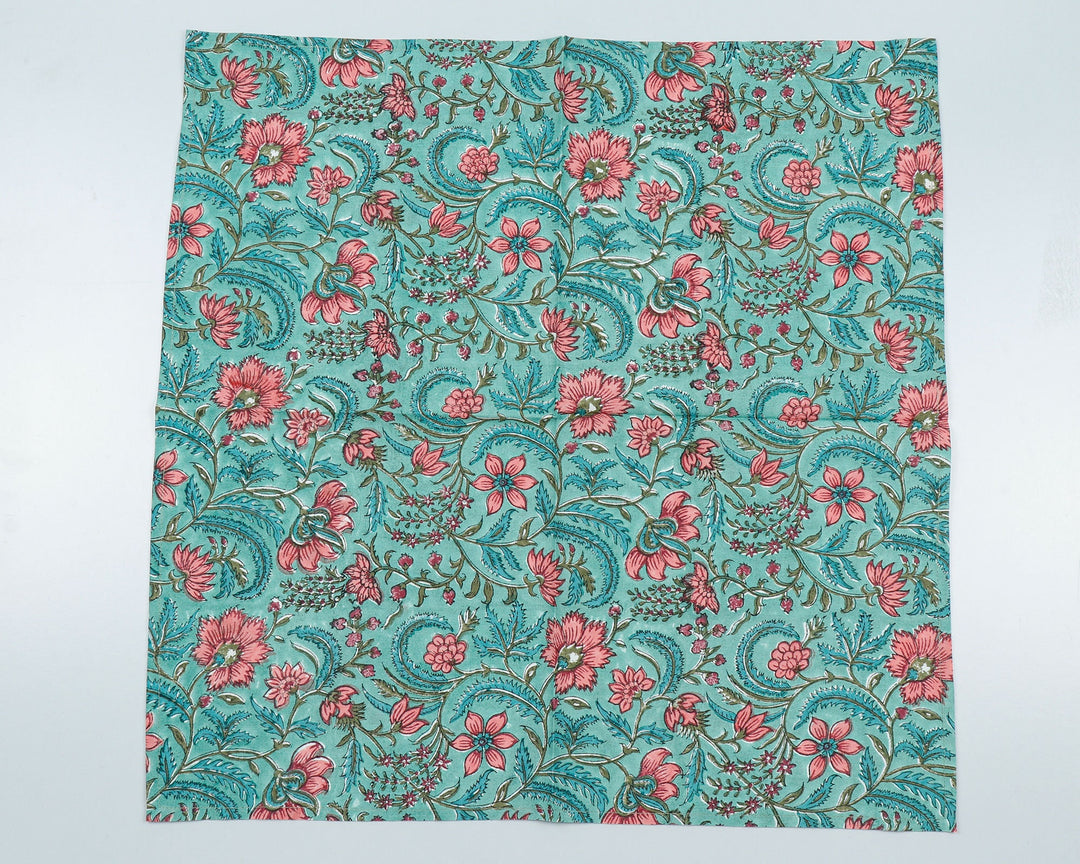 Fabricrush Turquoise Green, Light Coral India Hand Block Printed Pure Cotton Cloth Napkins, Christmas Decor, 18x18"Cocktail Napkin, 20x20" Dinner Napkins