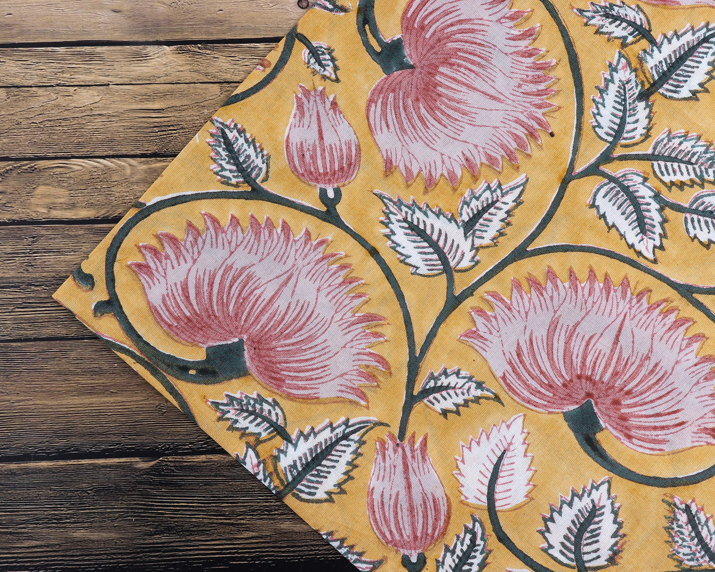 Fire Yellow, Lemonade Pink Indian Floral Hand Block Printed 100% Pure Cotton Cloth Napkins, 18x18"- Cocktail Napkins, 20x20"-  Dinner Napkins