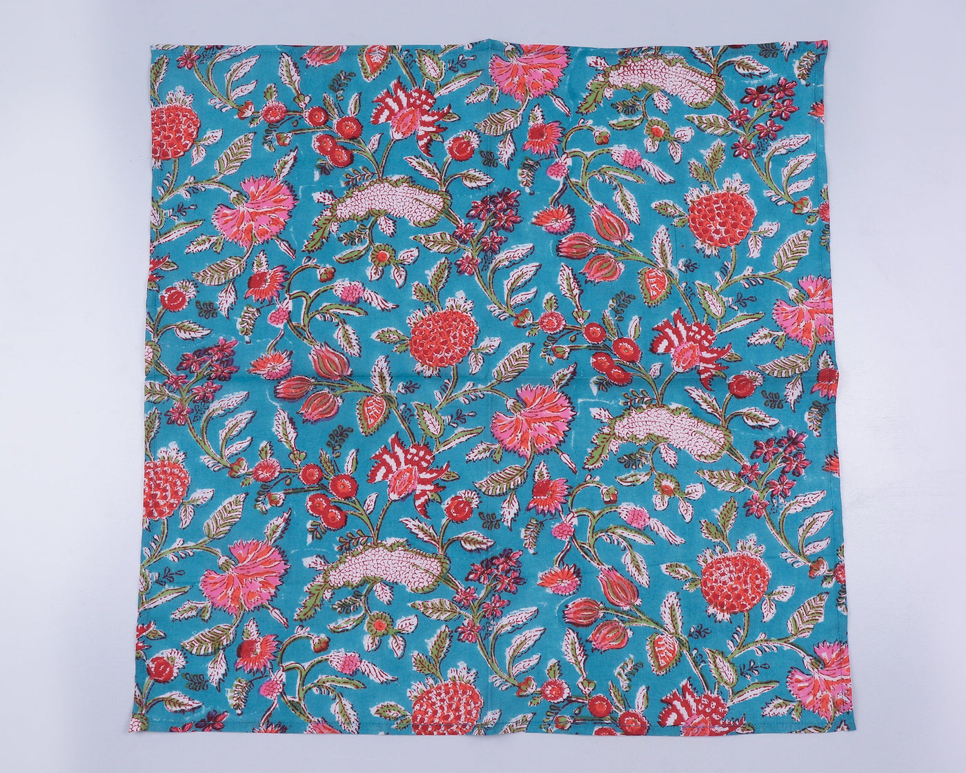 Fabricrush Teal Blue, Carmine Red, Punch Pink Indian Hand Block Floral Printed 100% Pure Cotton Cloth Napkins, 18x18"Cocktail Napkin 20x20" Dinner Napkin