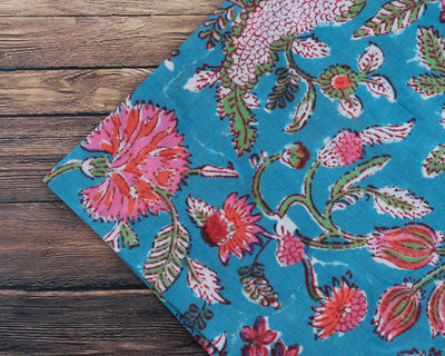 Teal Blue, Carmine Red, Punch Pink Indian Hand Block Floral Printed 100% Pure Cotton Cloth Napkins, 18x18"Cocktail Napkin 20x20" Dinner Napkin