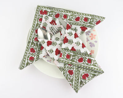 Apple and Cherry Red, Olive Green Indian Floral Hand Block Printed Cotton Cloth Napkins Size-20x20" Set of 4,6,12,24,48 Table Décorationsr