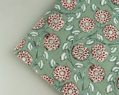 Laurel Green, Mahogany Red Indian Floral Hand Block Printed 100% Pure Cotton Cloth, Fabric By the Yard, Summer Dress Fabric, Crafting Fabric
