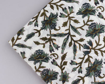 Army, Juniper Green, Peacock Blue Indian Floral Hand Block Printed 100% Pure Cotton Cloth, Fabric by the yard, Women's Clothing Curtains Bag