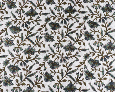 Fabricrush Army, Juniper Green, Peacock Blue Indian Floral Hand Block Printed 100% Pure Cotton Cloth, Fabric by the yard, Women's Clothing Curtains Bag