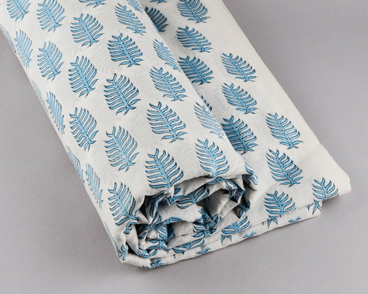 Cerulean Blue Leaf Hand-Block Printed Cotton Cloth