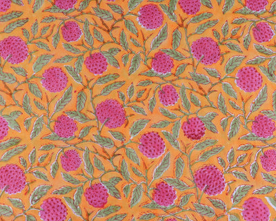 Amber Yellow, Rose Pink, Laurel Green Indian Floral Hand Block Printed Cotton Cloth, Fabric by yard, Women's clothing Curtains Duvet Cover