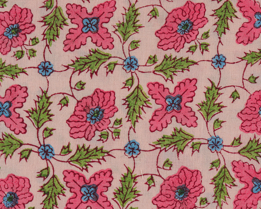 Fabricrush Salmon and Punch Pink, Forest Green Indian Floral Hand Block Printed 100% Pure Cotton Cloth, Fabric by the yard,  Women's Clothing Curtains, Valentine's day, Spring, Easter