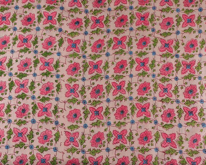 Fabricrush Salmon and Punch Pink, Forest Green Indian Floral Hand Block Printed 100% Pure Cotton Cloth, Fabric by the yard,  Women's Clothing Curtains, Valentine's day, Spring, Easter