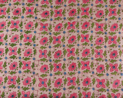 Fabricrush Salmon and Punch Pink, Forest Green Indian Floral Hand Block Printed 100% Pure Cotton Cloth, Fabric by the yard,  Women's Clothing Curtains