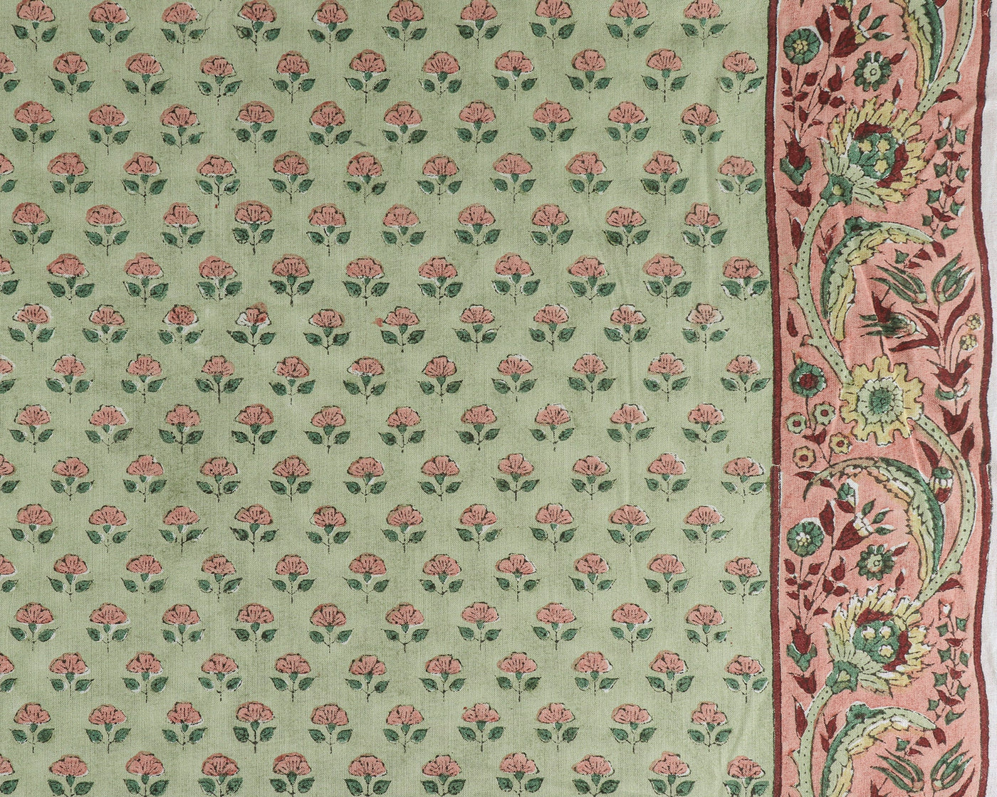 Light Swamp Green, New York Pink Indian Floral Hand Block Printed 100% Cotton Cloth, Fabric by the yard, Women's Clothing Curtains Pillows