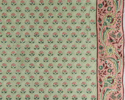 Fabricrush Light Swamp Green, New York Pink Indian Floral Hand Block Printed 100% Cotton Cloth, Fabric by the yard, Women's Clothing Curtains Pillows