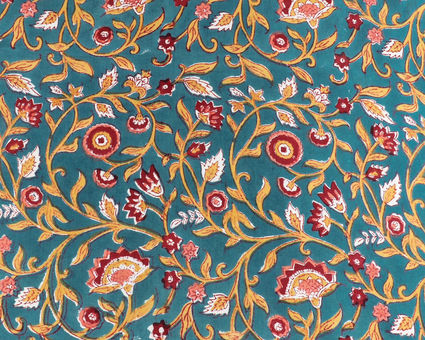 Turkish Blue, Dijon Yellow, Sangria Red India Floral Hand Block Printed 100% Pure Cotton Cloth, Fabric by the yard, Women's Clothing Curtain