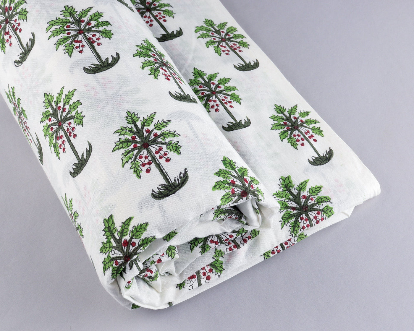 Fabricrush Grass Green, Dark Green and Burgundy Red Indian Hand Block Palm Tree Printed 100% Pure Cotton Cloth, Fabric by the yard, Women's Clothing