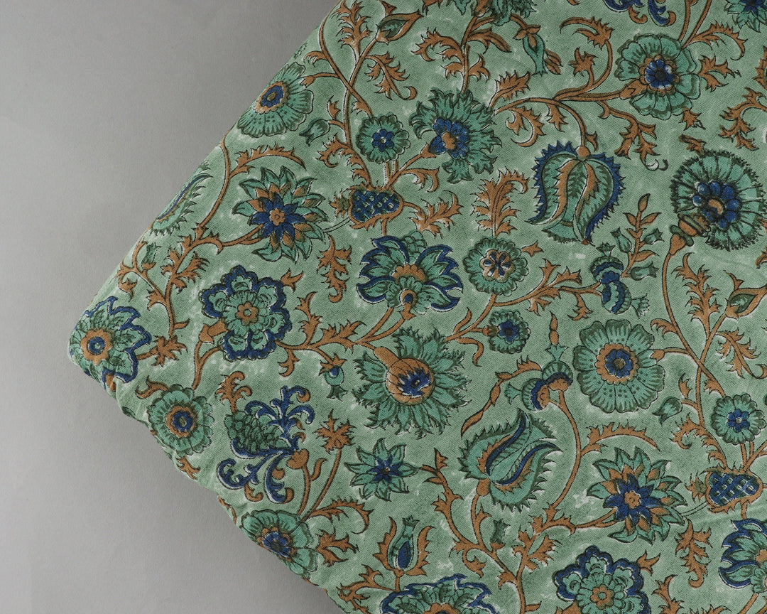 Fabricrush Sage Green, Yale Blue, Peanut Brown Indian Floral Hand Block Printed 100% Pure Cotton Cloth, Fabric by the yard, Women Clothing Curtain Bags