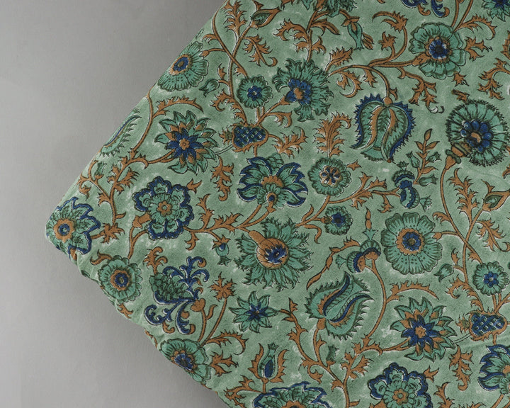 Fabricrush Sage Green, Yale Blue, Peanut Brown Indian Floral Hand Block Printed 100% Pure Cotton Cloth, Fabric by the yard, Women Clothing Curtain Bags