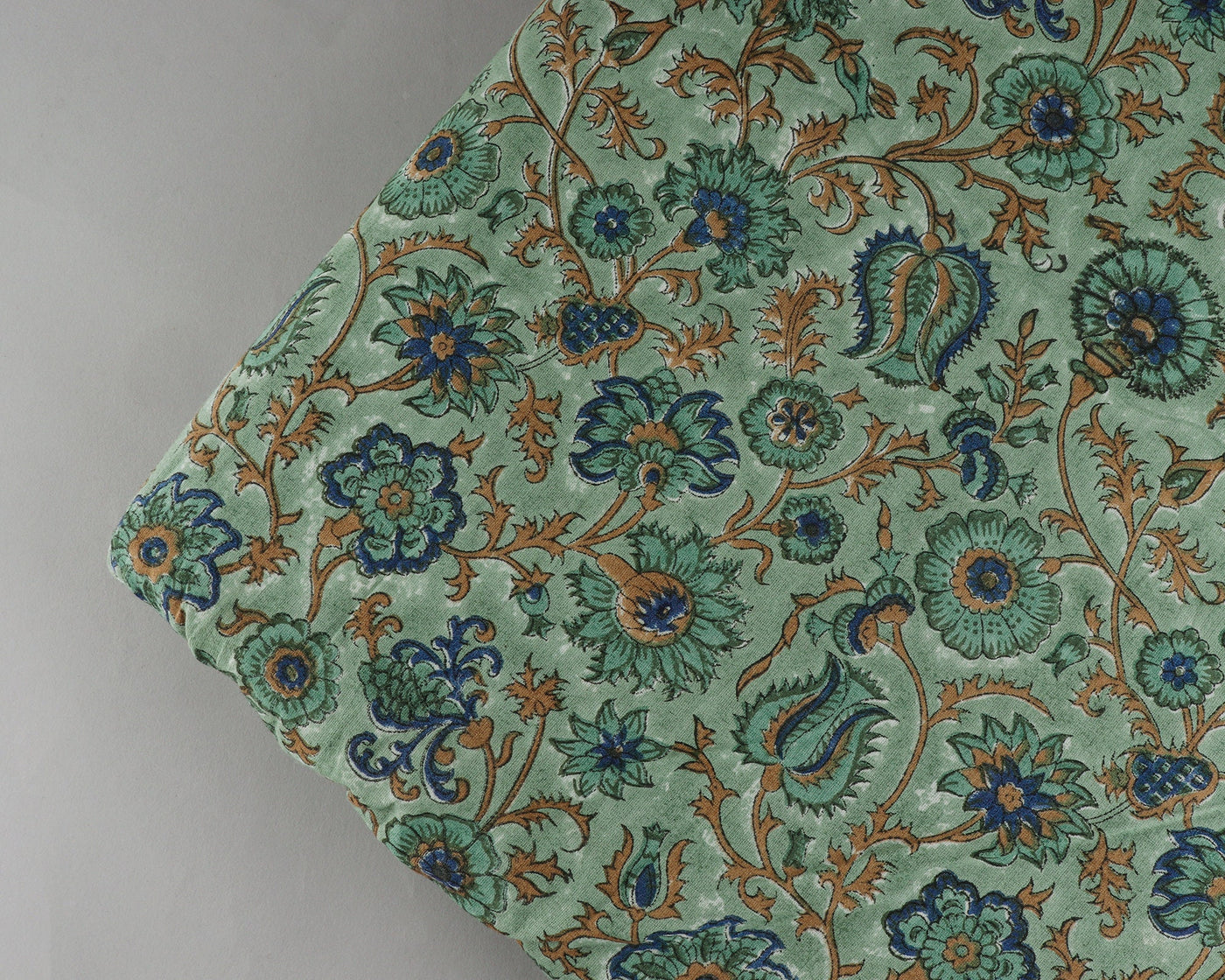Sage Green, Yale Blue, Peanut Brown Indian Floral Hand Block Printed 100% Pure Cotton Cloth, Fabric by the yard, Women Clothing Curtain Bags