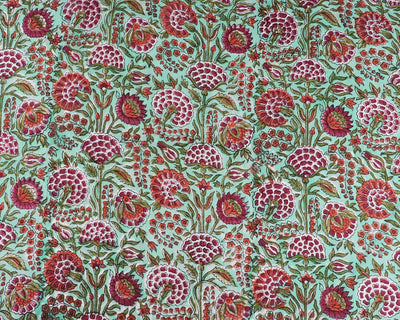 Fabricrush Pastel Mint Green, Dark Cherry, Vermillion Red Indian Hand Block Printed 100% Pure Cotton Cloth, Fabric by the yard, Womens clothing Curtain