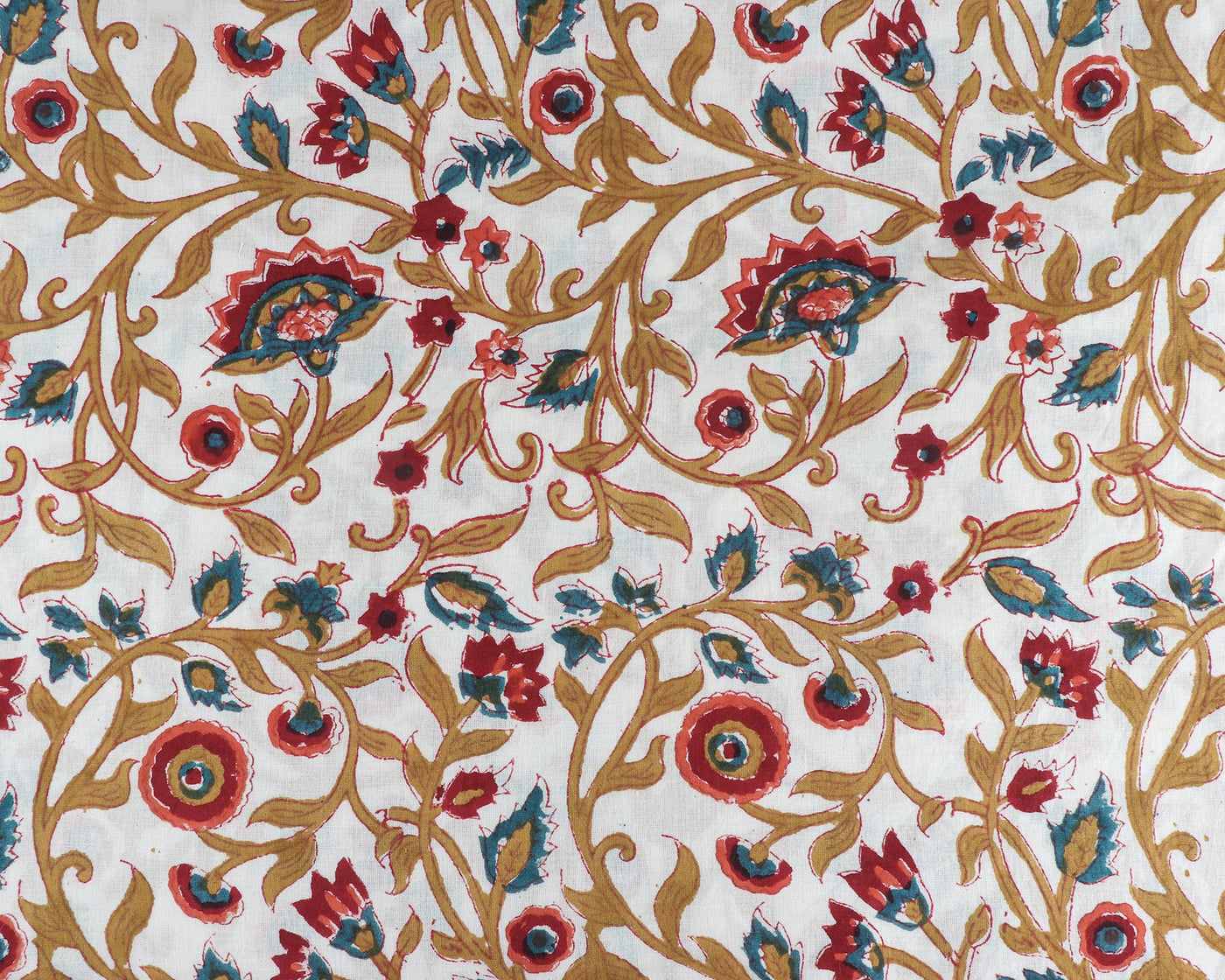 Sangria Red, Dijon Yellow, Yale Blue Indian Floral Hand Block Printed 100% Pure Cotton Cloth, Fabric by the yard, Women's Clothing Curtains
