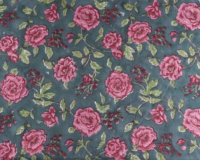 Mink Gray, Brick Pink, Pear Green Indian Floral Hand Block Printed 100% Pure Cotton Cloth, Fabric by the yard, Women's Clothing Curtains Bag