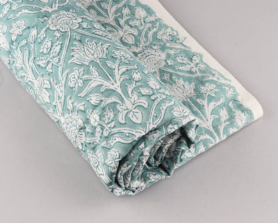 Teal Blue and Off White Indian Floral Hand Block Printed 100% Pure Cotton Cloth, Fabric by the yard, Curtains Pillows Cushions Lampshade Bag