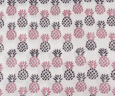 Fabricrush Pink and Blue Indian Hand Block Pineapple Print on White 100% Pure Cotton Cloth, Fabric by the yard, Bags Dresses Curtains Pillows Cushions