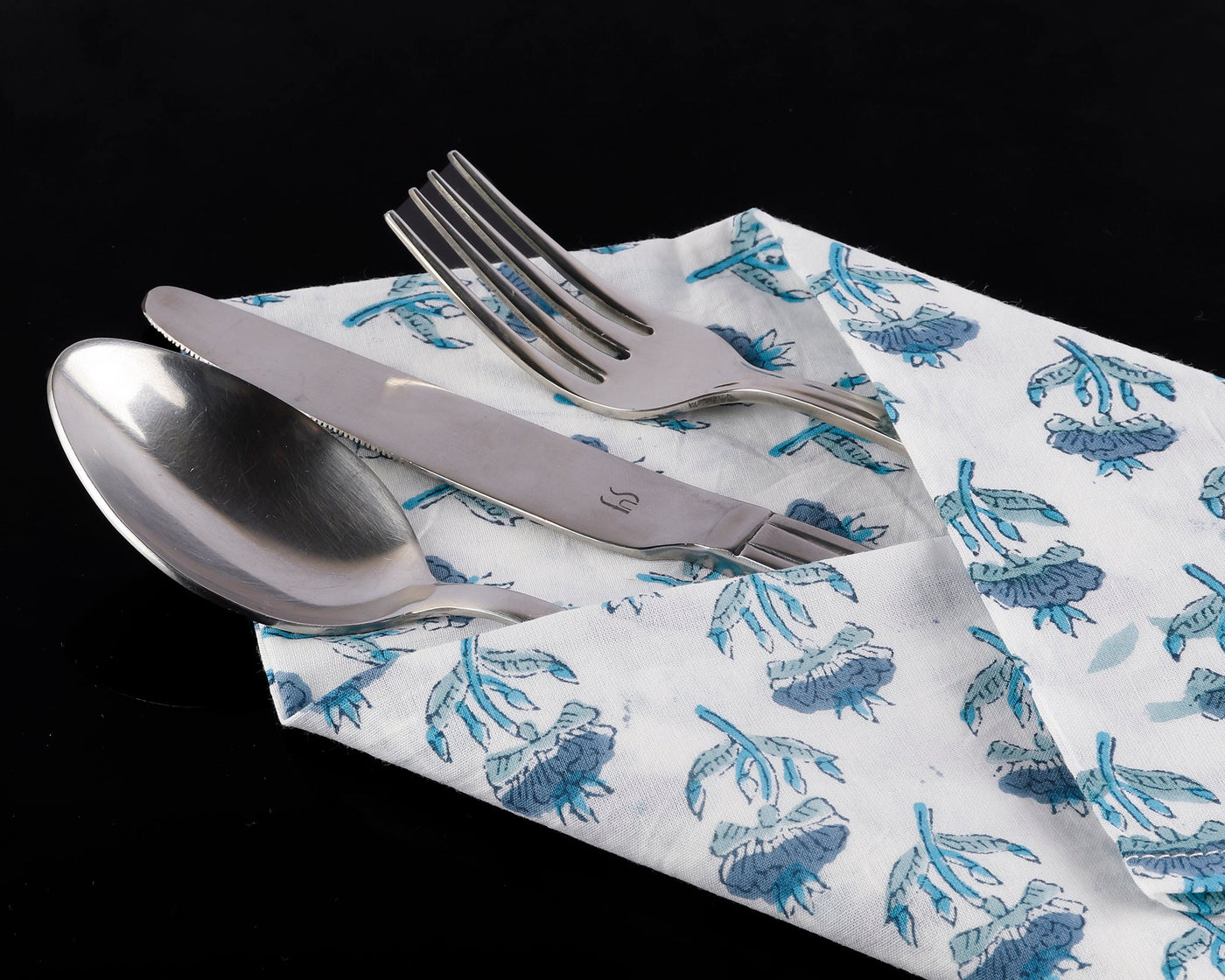Carolina, Teal and Stone Blue Indian Floral Hand Block Printed Pure Cotton Cloth Napkins, 18x18"- Cocktail Napkins, 20x20"- Dinner Napkins