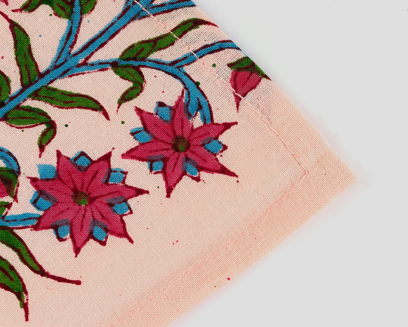 Fabricrush Seashell Pink, Polka Dot Pink, Lapis Blue Indian Hand Block Floral Printed Cotton Cloth Napkins 18x18"-Cocktail Napkins 20x20"- Dinner Napkins