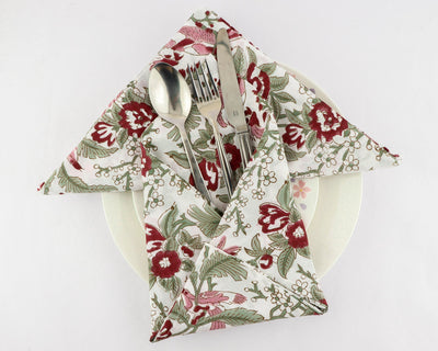 Fabricrush Thulian Pink, Cherry Red, Moss Green Indian Hand Block Floral Printed Cotton Cloth Napkins, 18x18"- Cocktail Napkins, 20x20"- Dinner Napkins